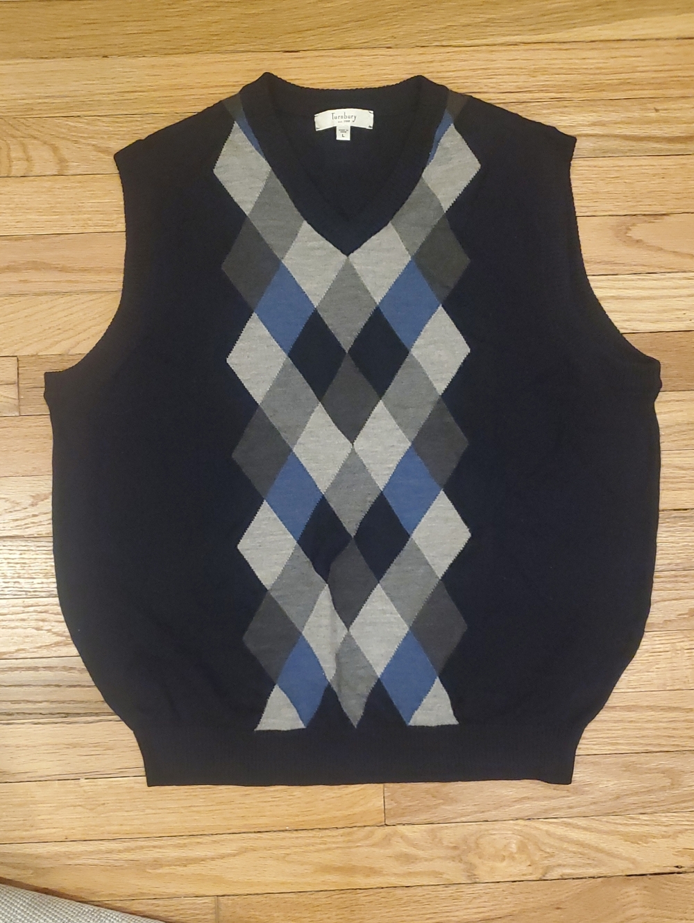 Turnbury Men's Navy Argyle V-Neck Sweater Vest Merino Wool